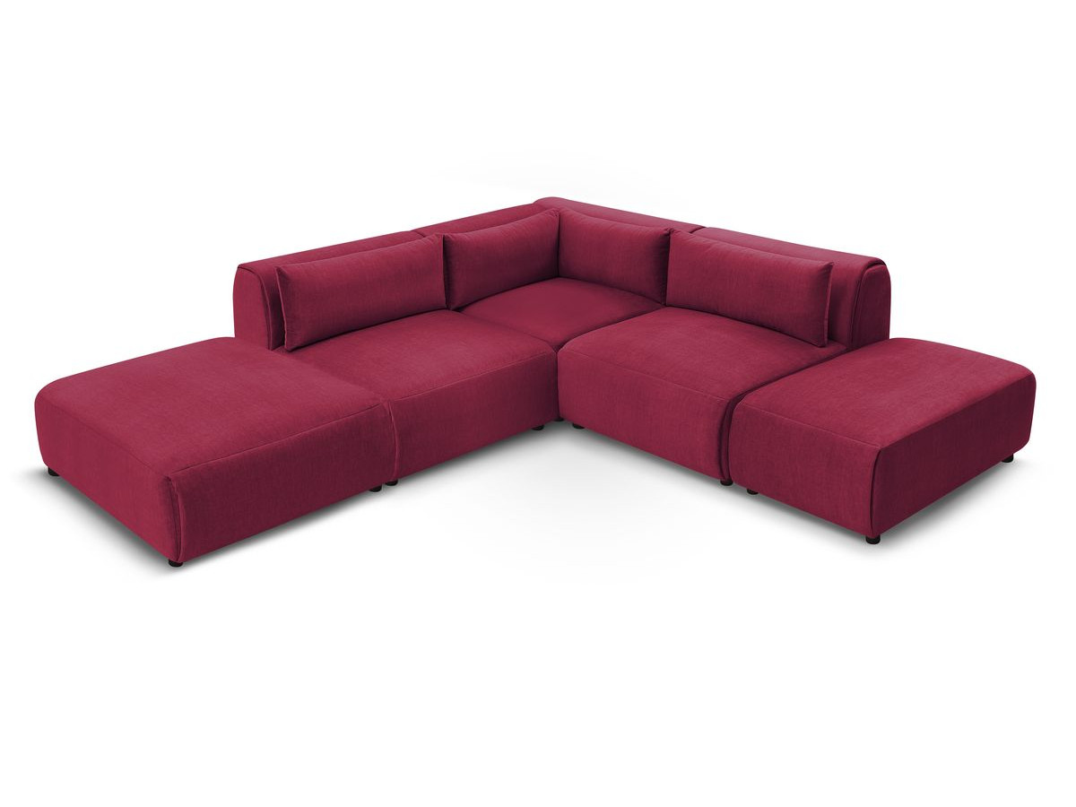 Canapé d'angle fixe modulable JEANNE tissu velours avec 2 chauffeuses, 1 angle et 2 poufs