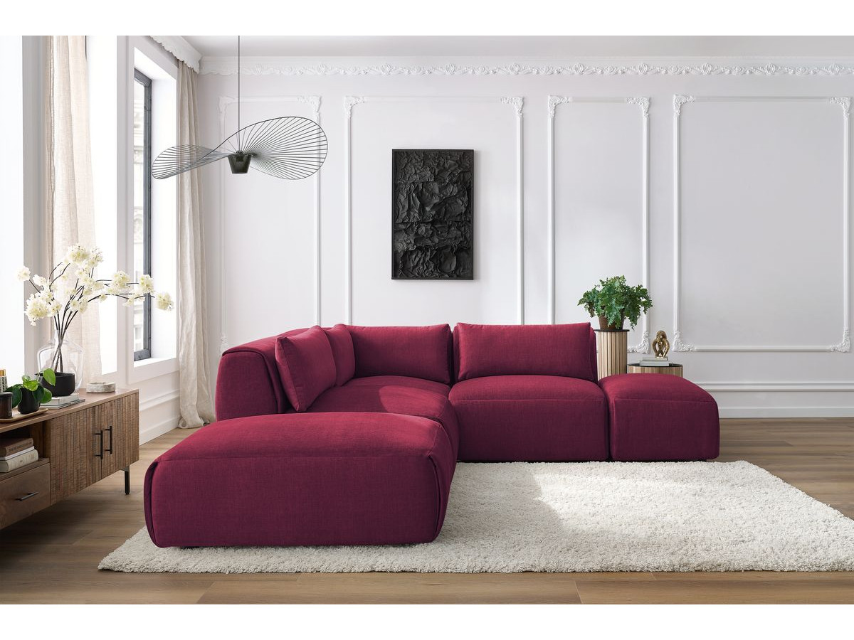 Canapé d'angle fixe modulable JEANNE tissu velours avec 2 chauffeuses, 1 angle et 2 poufs