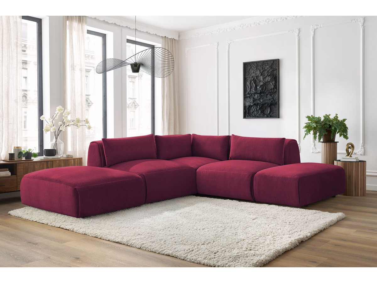 Canapé d'angle fixe modulable JEANNE tissu velours avec 2 chauffeuses, 1 angle et 2 poufs