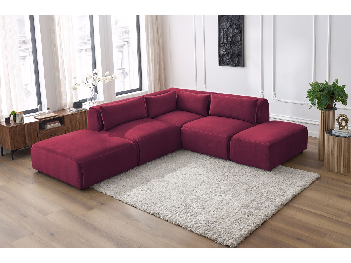 Canapé d'angle fixe modulable JEANNE tissu velours avec 2 chauffeuses, 1 angle et 2 poufs