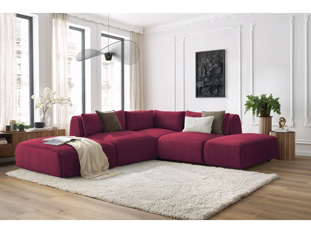 Canapé d'angle fixe modulable JEANNE tissu velours avec 2 chauffeuses, 1 angle et 2 poufs