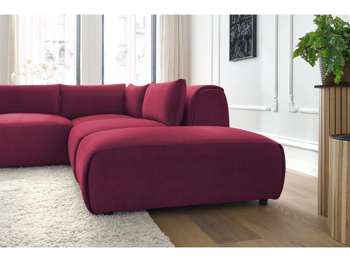 Canapé d'angle fixe modulable JEANNE tissu velours avec 2 chauffeuses, 1 angle et 2 poufs