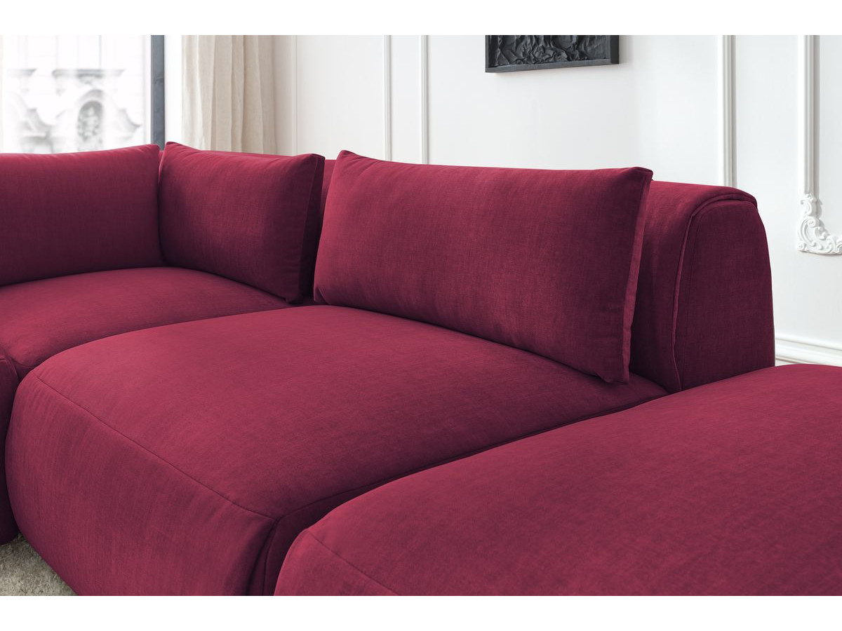 Canapé d'angle fixe modulable JEANNE tissu velours avec 2 chauffeuses, 1 angle et 2 poufs