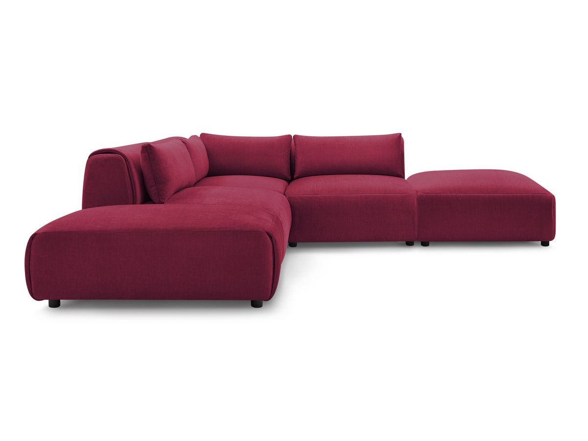 Canapé d'angle fixe modulable JEANNE tissu velours avec 2 chauffeuses, 1 angle et 2 poufs