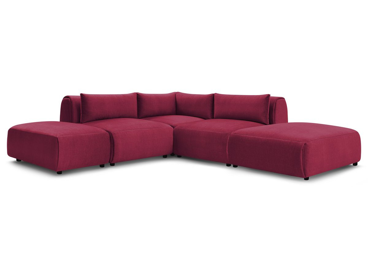Canapé d'angle fixe modulable JEANNE tissu velours avec 2 chauffeuses, 1 angle et 2 poufs