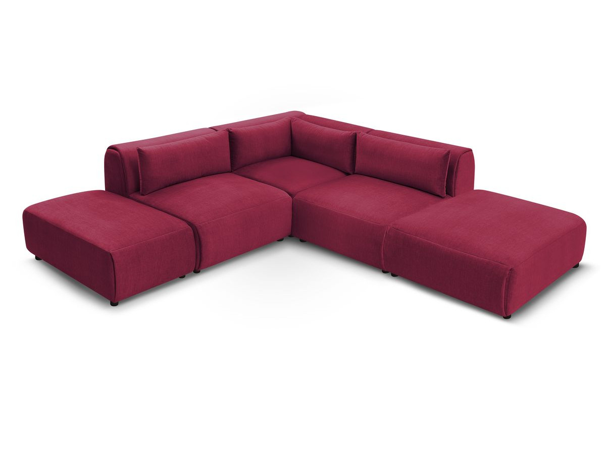 Canapé d'angle fixe modulable JEANNE tissu velours avec 2 chauffeuses, 1 angle et 2 poufs
