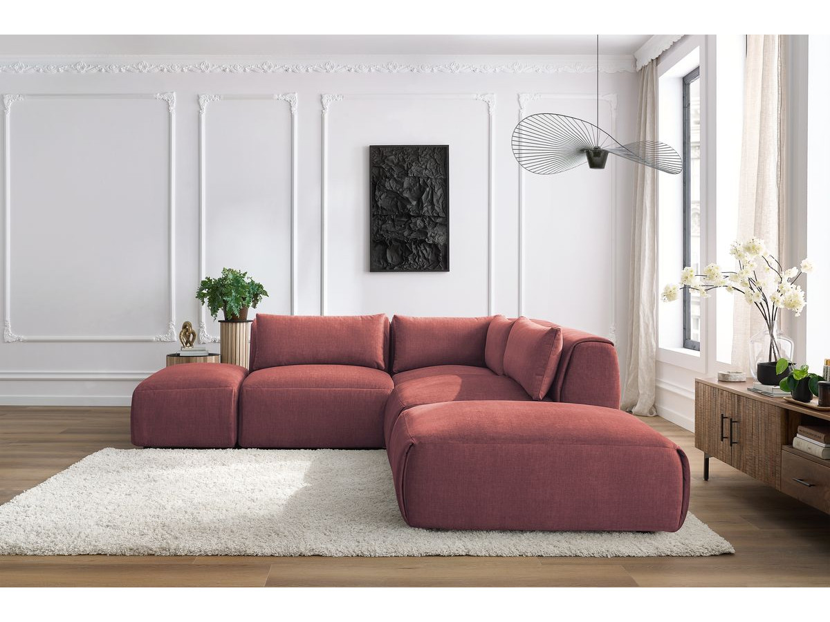 Canapé d'angle fixe modulable JEANNE tissu velours avec 2 chauffeuses, 1 angle et 2 poufs