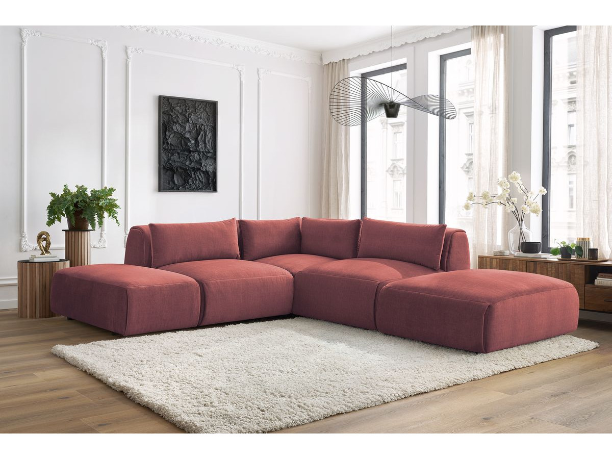 JEANNE modulaire vaste hoekbank in fluwelen stof met 2 fauteuils, 1 hoekbank en 2 poefs