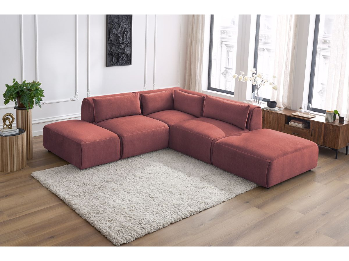 Canapé d'angle fixe modulable JEANNE tissu velours avec 2 chauffeuses, 1 angle et 2 poufs