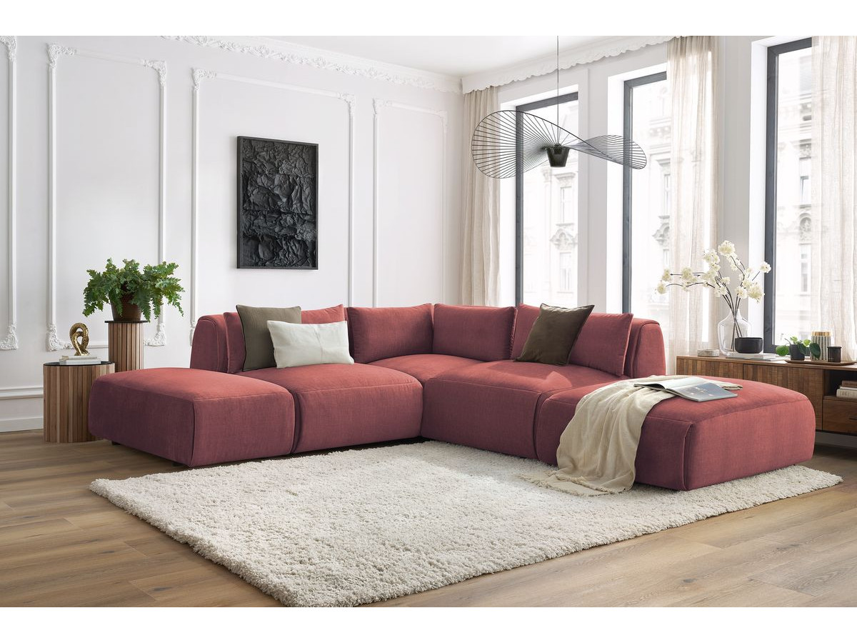 Canapé d'angle fixe modulable JEANNE tissu velours avec 2 chauffeuses, 1 angle et 2 poufs
