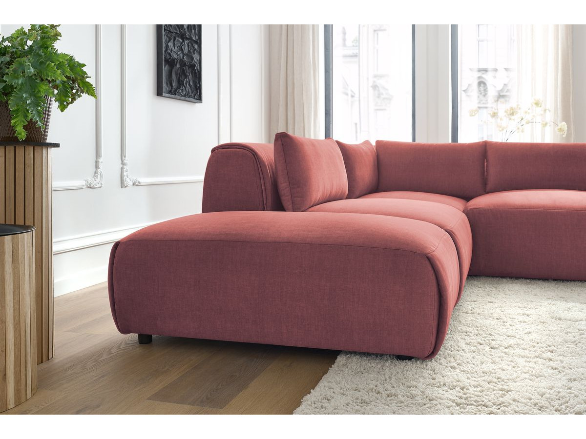 Canapé d'angle fixe modulable JEANNE tissu velours avec 2 chauffeuses, 1 angle et 2 poufs