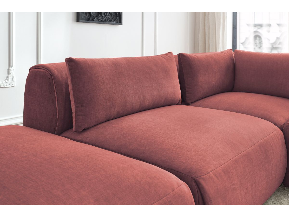 Canapé d'angle fixe modulable JEANNE tissu velours avec 2 chauffeuses, 1 angle et 2 poufs