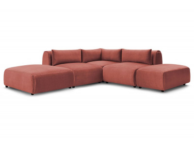 Canapé d'angle fixe modulable JEANNE tissu velours avec 2 chauffeuses, 1 angle et 2 poufs