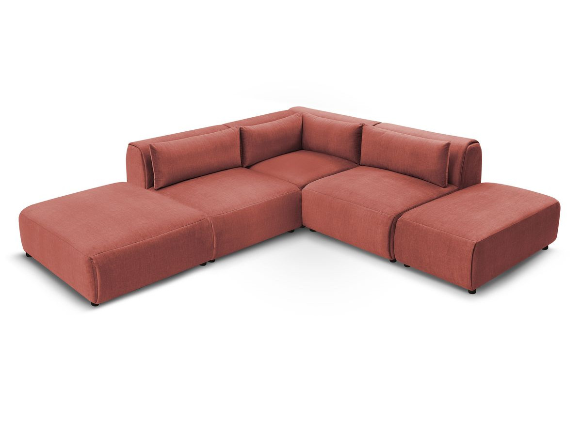 Canapé d'angle fixe modulable JEANNE tissu velours avec 2 chauffeuses, 1 angle et 2 poufs