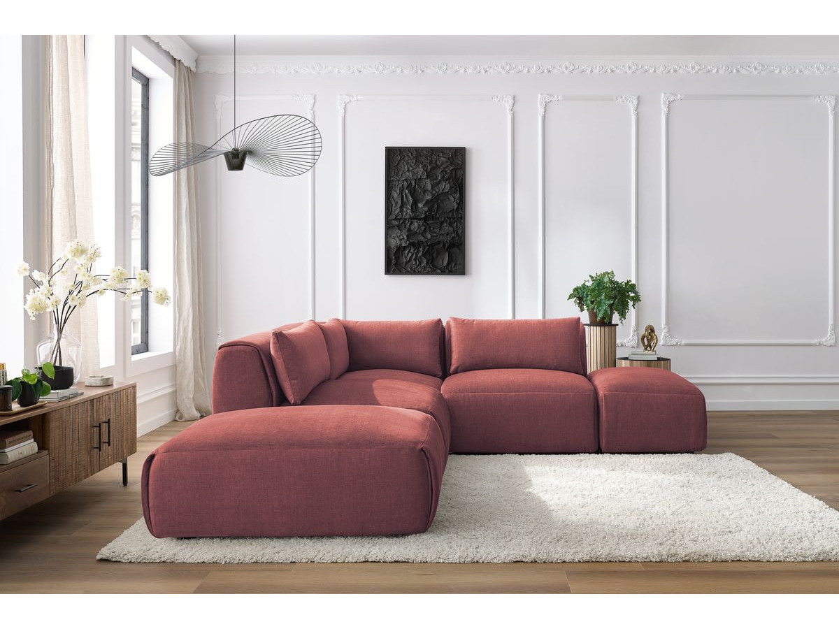 Canapé d'angle fixe modulable JEANNE tissu velours avec 2 chauffeuses, 1 angle et 2 poufs