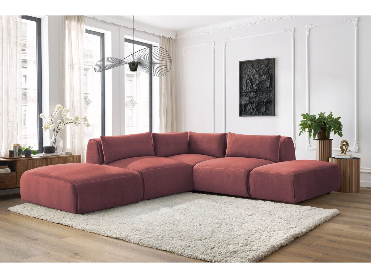 Canapé d'angle fixe modulable JEANNE tissu velours avec 2 chauffeuses, 1 angle et 2 poufs