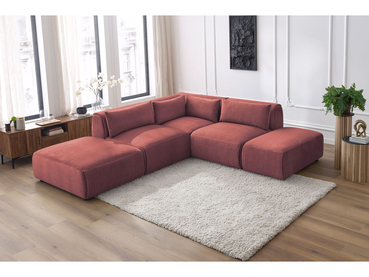Canapé d'angle fixe modulable JEANNE tissu velours avec 2 chauffeuses, 1 angle et 2 poufs
