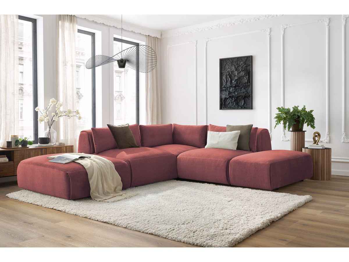 Canapé d'angle fixe modulable JEANNE tissu velours avec 2 chauffeuses, 1 angle et 2 poufs