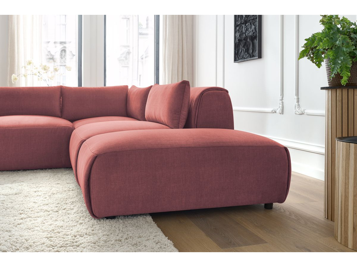 Canapé d'angle fixe modulable JEANNE tissu velours avec 2 chauffeuses, 1 angle et 2 poufs