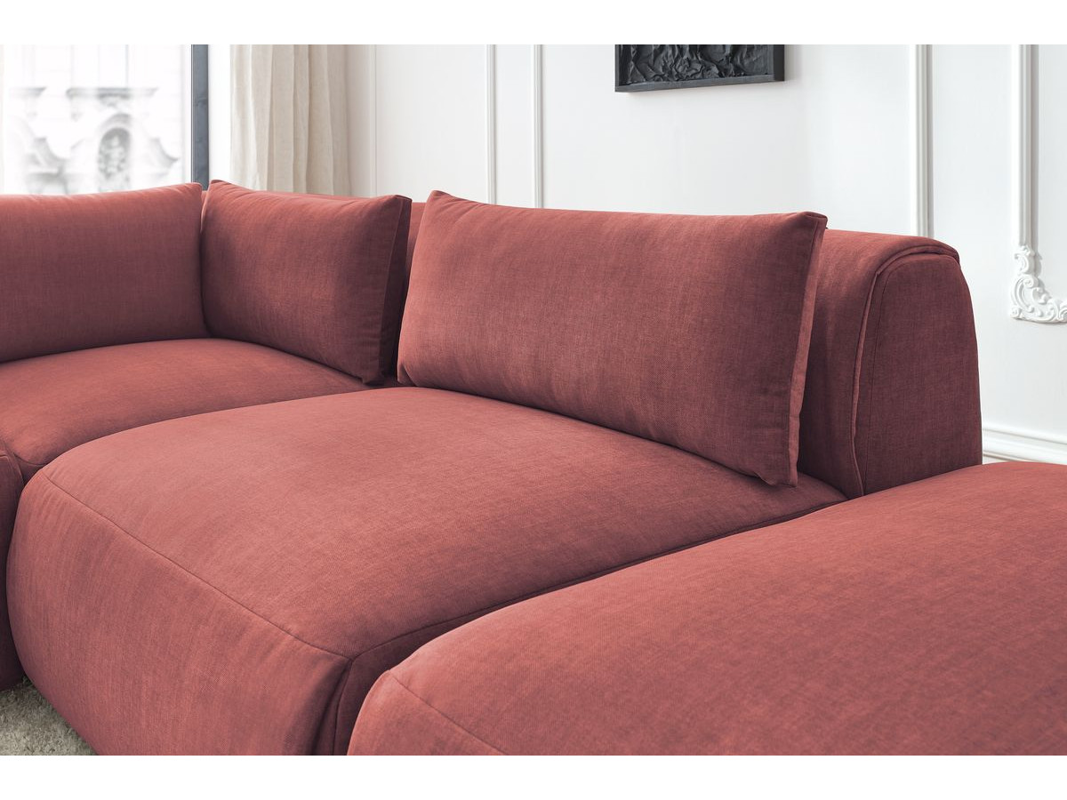 Canapé d'angle fixe modulable JEANNE tissu velours avec 2 chauffeuses, 1 angle et 2 poufs