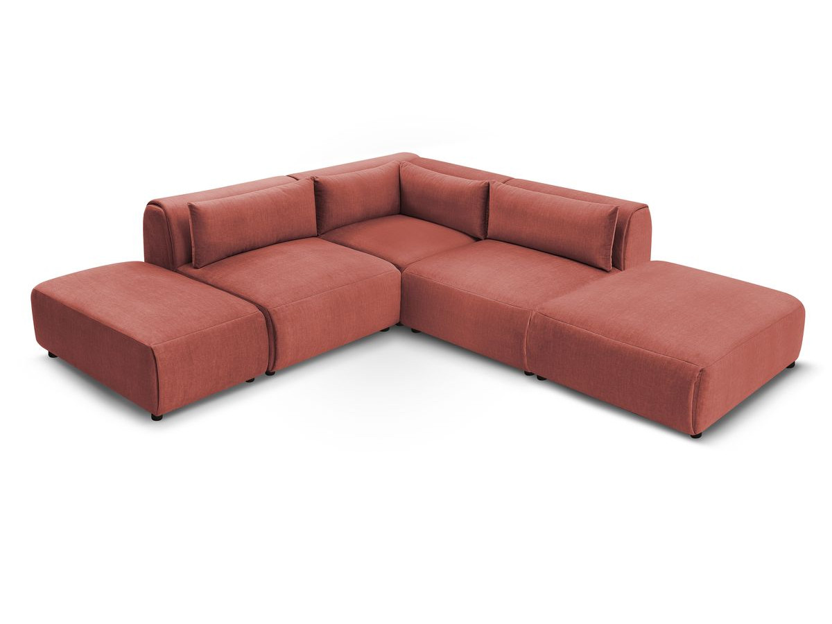 Canapé d'angle fixe modulable JEANNE tissu velours avec 2 chauffeuses, 1 angle et 2 poufs