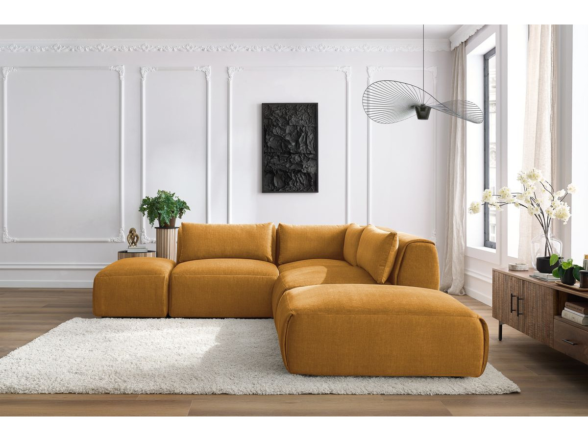 Canapé d'angle fixe modulable JEANNE tissu velours avec 2 chauffeuses, 1 angle et 2 poufs