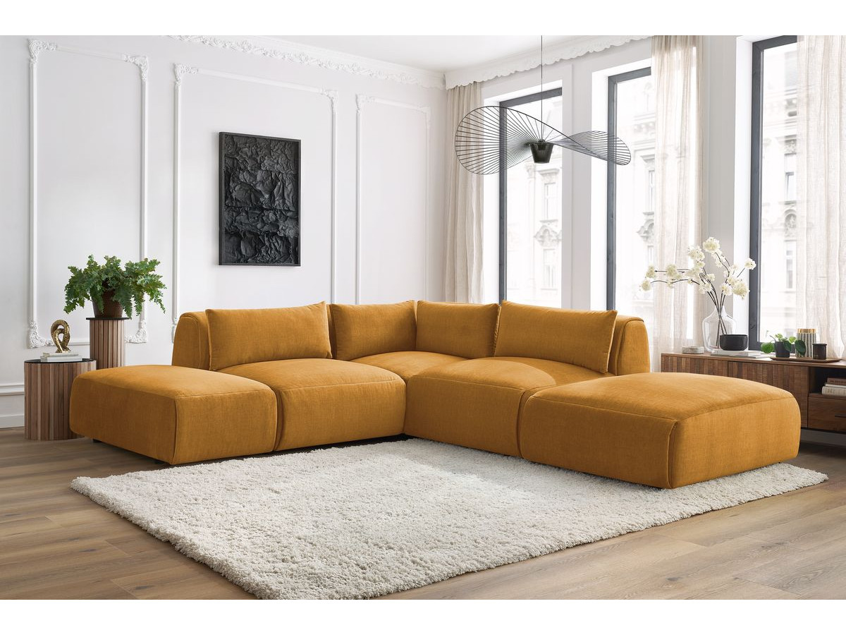JEANNE modulaire vaste hoekbank in fluwelen stof met 2 fauteuils, 1 hoekbank en 2 poefs