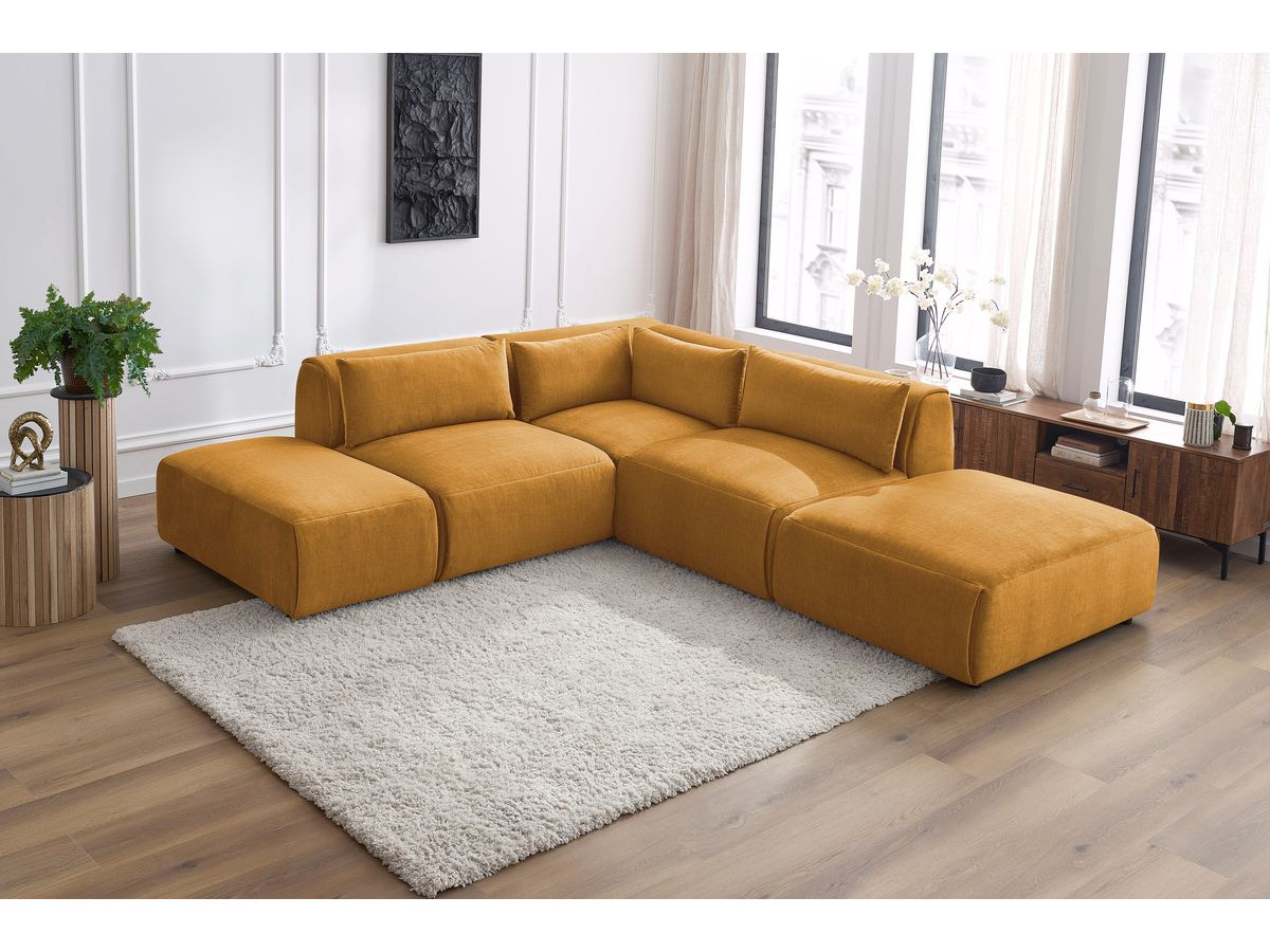 Canapé d'angle fixe modulable JEANNE tissu velours avec 2 chauffeuses, 1 angle et 2 poufs