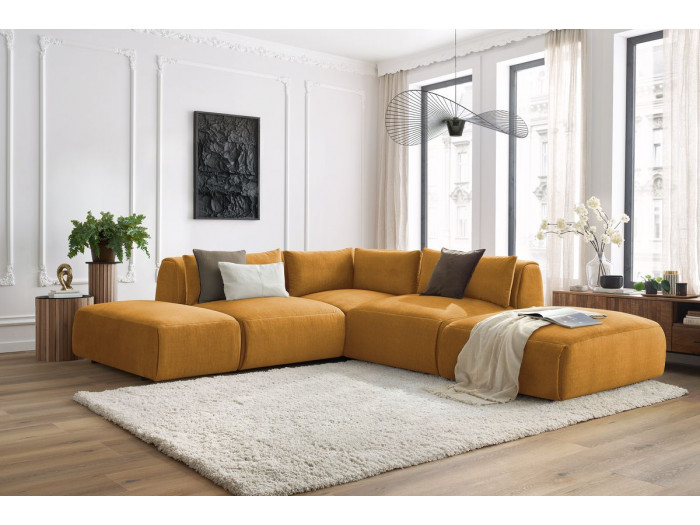 Canapé d'angle fixe modulable JEANNE tissu velours avec 2 chauffeuses, 1 angle et 2 poufs