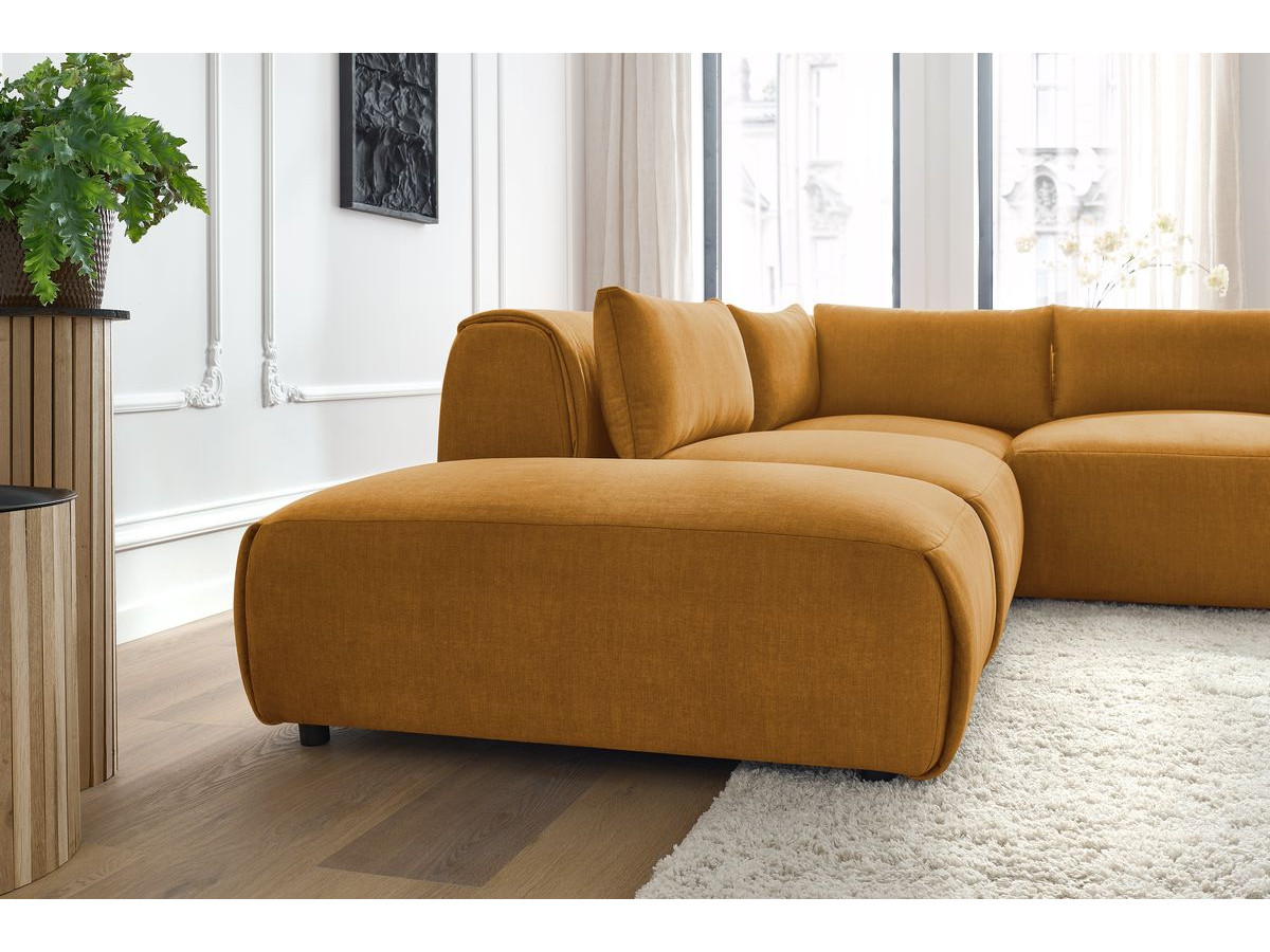 Canapé d'angle fixe modulable JEANNE tissu velours avec 2 chauffeuses, 1 angle et 2 poufs