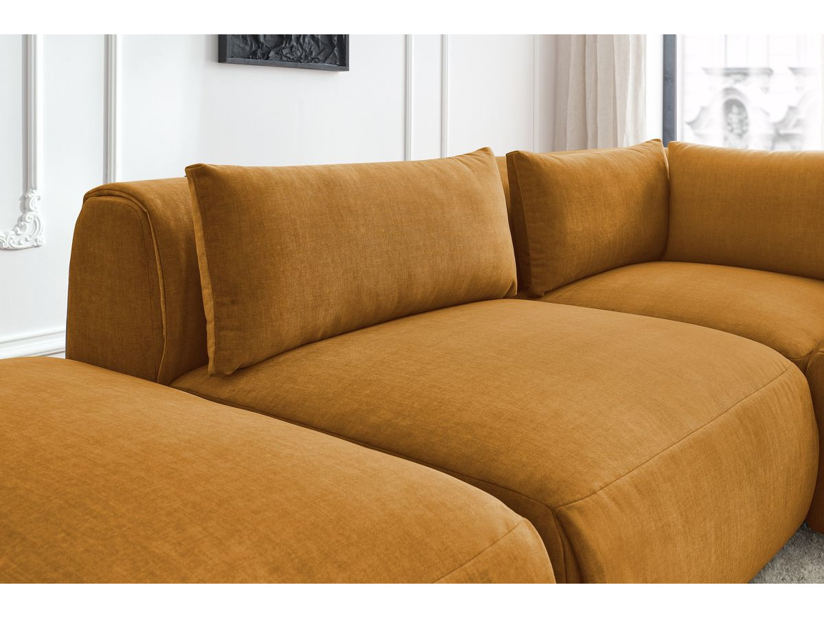 Canapé d'angle fixe modulable JEANNE tissu velours avec 2 chauffeuses, 1 angle et 2 poufs