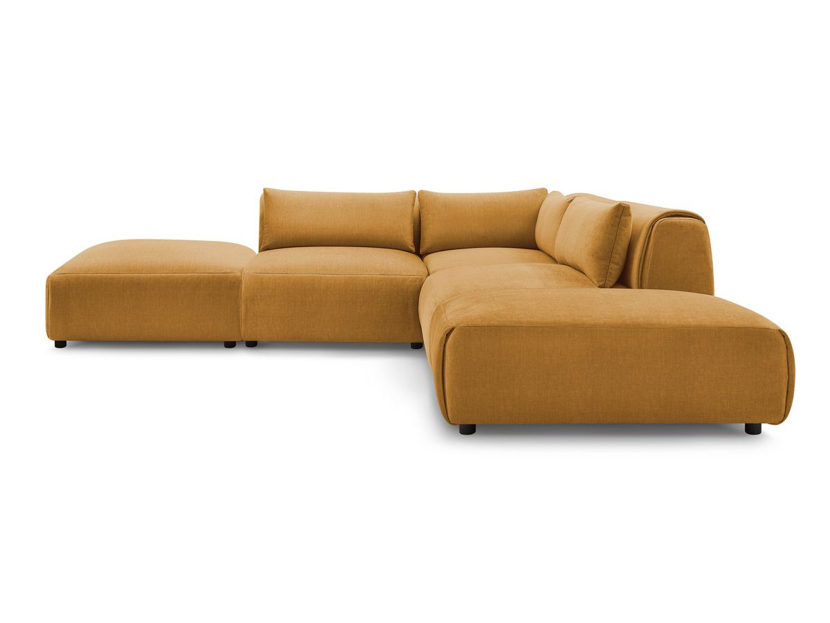 Canapé d'angle fixe modulable JEANNE tissu velours avec 2 chauffeuses, 1 angle et 2 poufs
