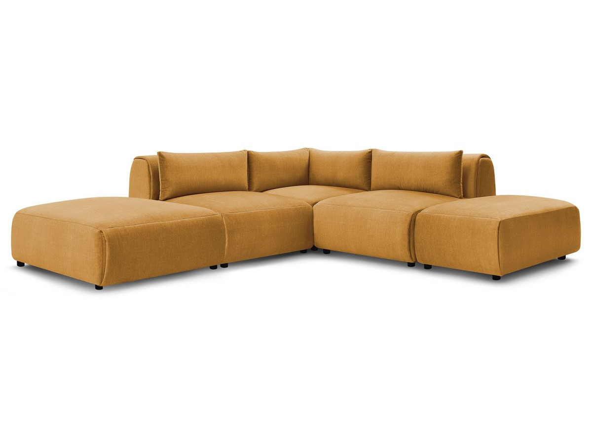 Canapé d'angle fixe modulable JEANNE tissu velours avec 2 chauffeuses, 1 angle et 2 poufs