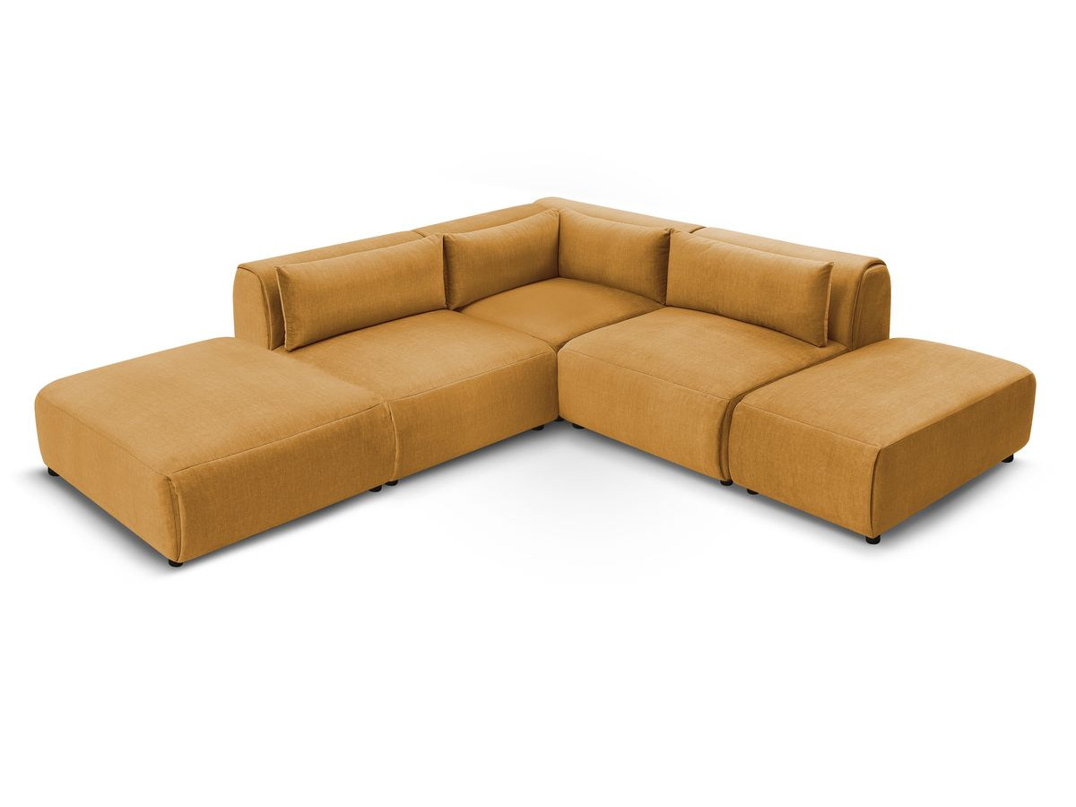 Canapé d'angle fixe modulable JEANNE tissu velours avec 2 chauffeuses, 1 angle et 2 poufs