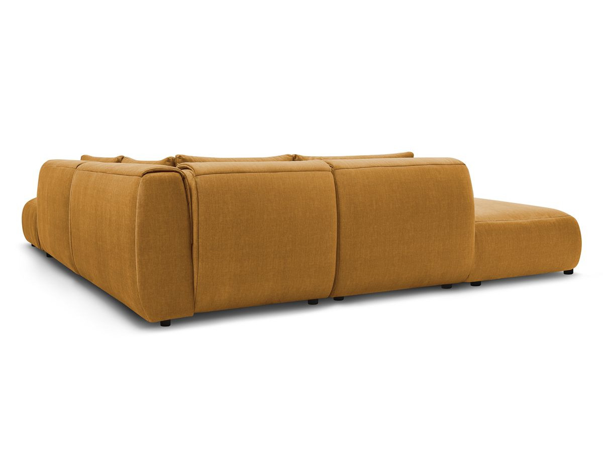 Canapé d'angle fixe modulable JEANNE tissu velours avec 2 chauffeuses, 1 angle et 2 poufs