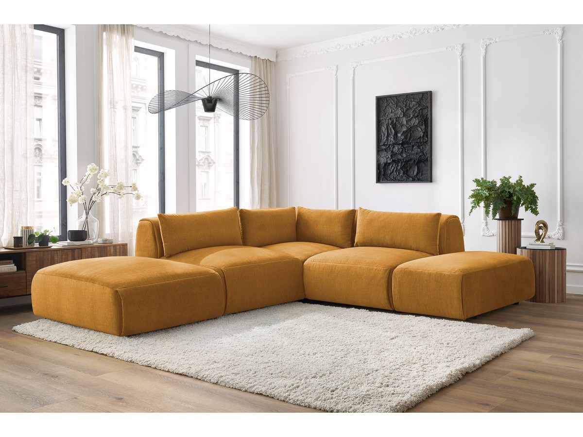 Canapé d'angle fixe modulable JEANNE tissu velours avec 2 chauffeuses, 1 angle et 2 poufs