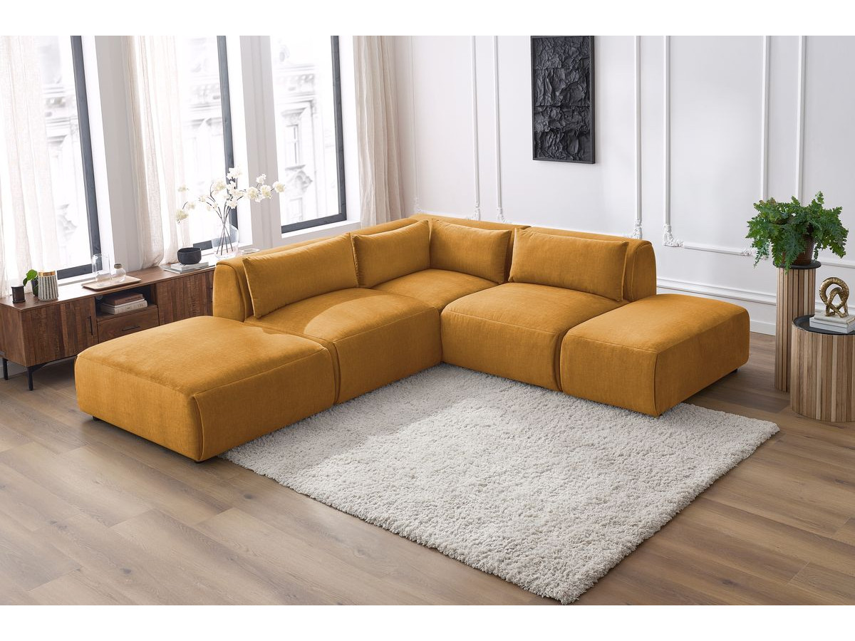 Canapé d'angle fixe modulable JEANNE tissu velours avec 2 chauffeuses, 1 angle et 2 poufs