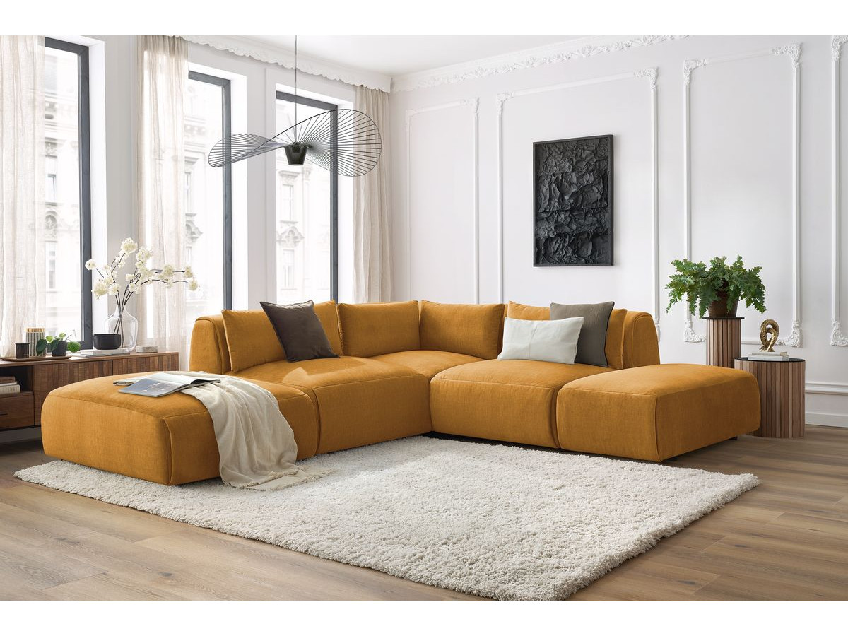 Canapé d'angle fixe modulable JEANNE tissu velours avec 2 chauffeuses, 1 angle et 2 poufs