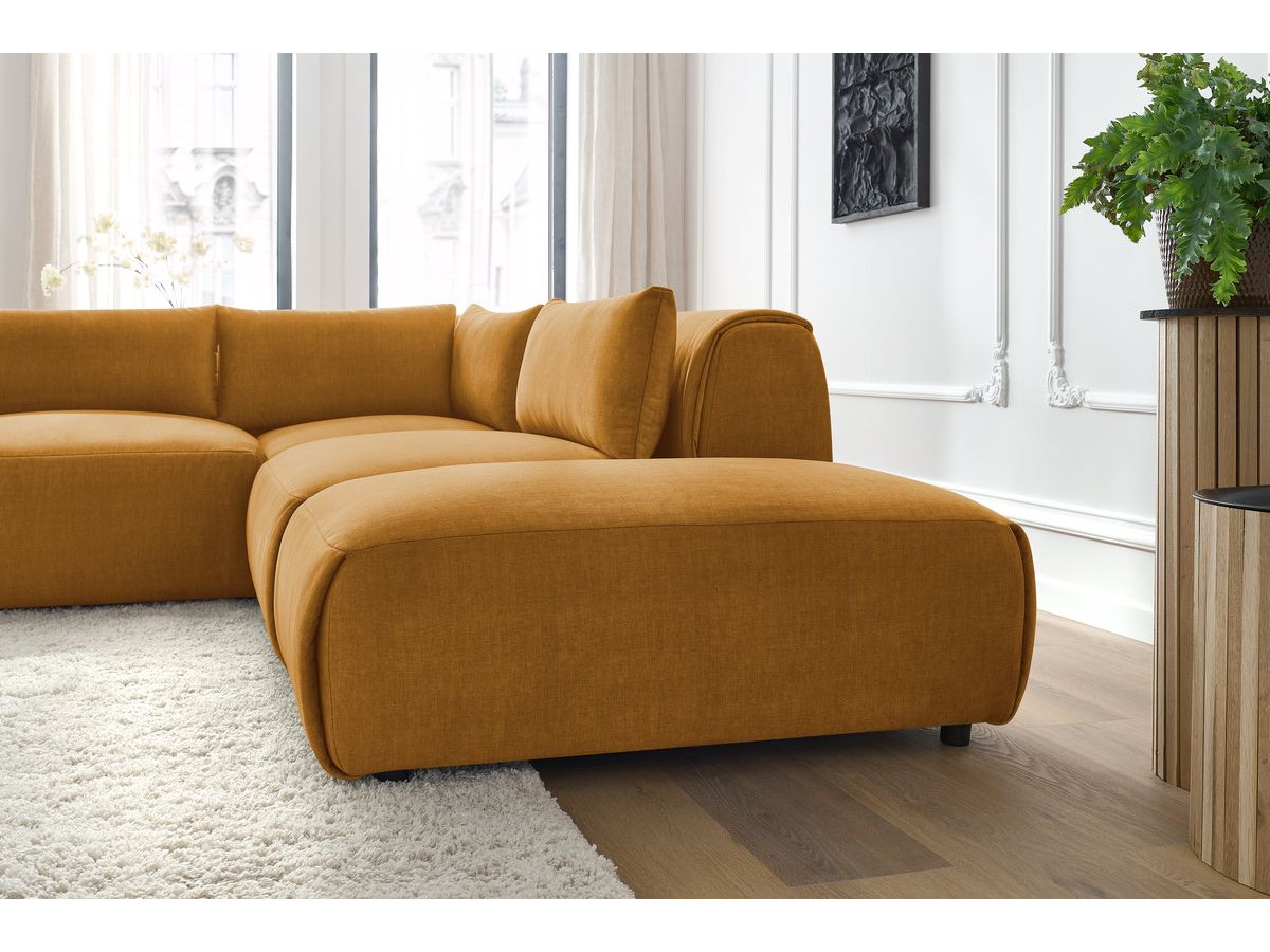Canapé d'angle fixe modulable JEANNE tissu velours avec 2 chauffeuses, 1 angle et 2 poufs