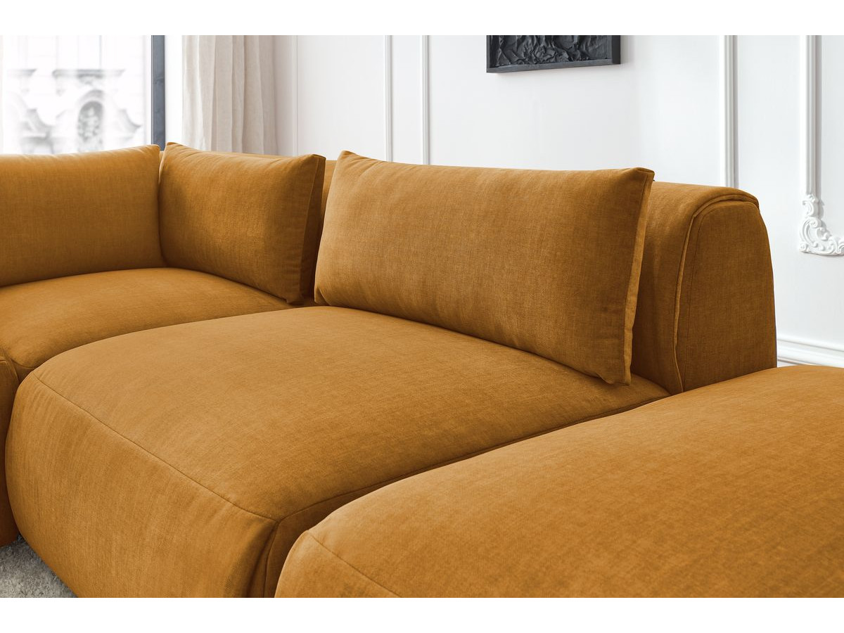 Canapé d'angle fixe modulable JEANNE tissu velours avec 2 chauffeuses, 1 angle et 2 poufs
