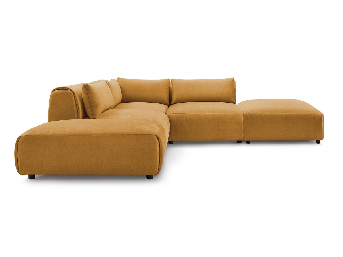 Canapé d'angle fixe modulable JEANNE tissu velours avec 2 chauffeuses, 1 angle et 2 poufs