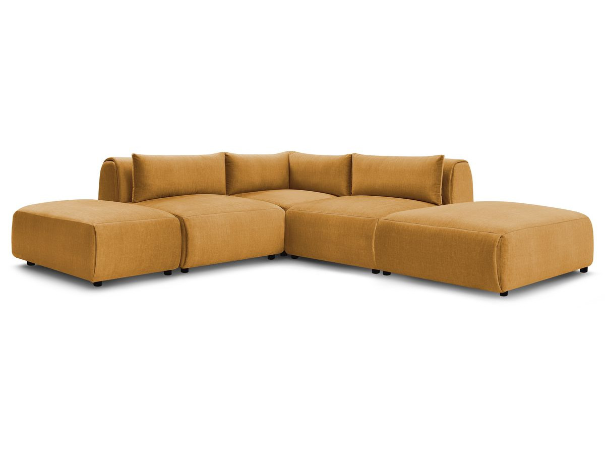 Canapé d'angle fixe modulable JEANNE tissu velours avec 2 chauffeuses, 1 angle et 2 poufs