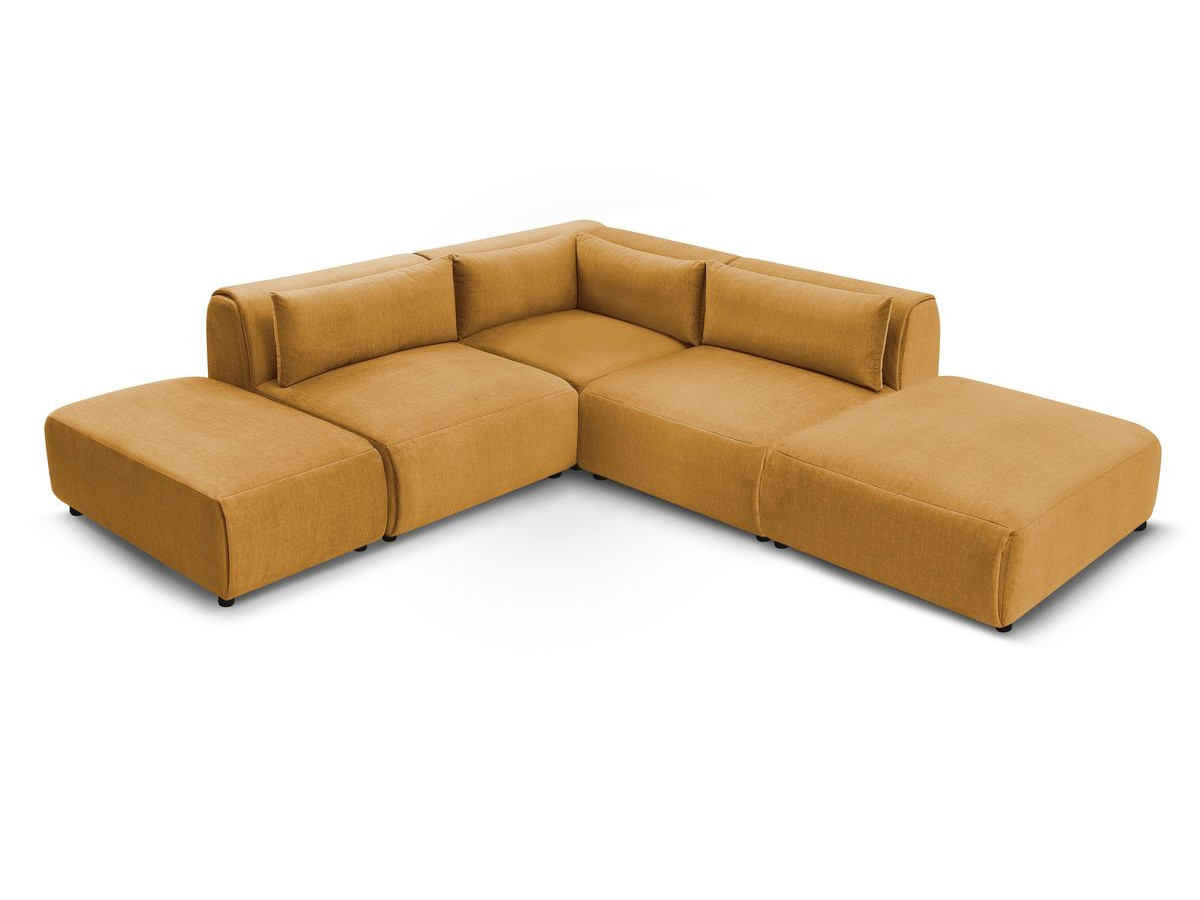 Canapé d'angle fixe modulable JEANNE tissu velours avec 2 chauffeuses, 1 angle et 2 poufs