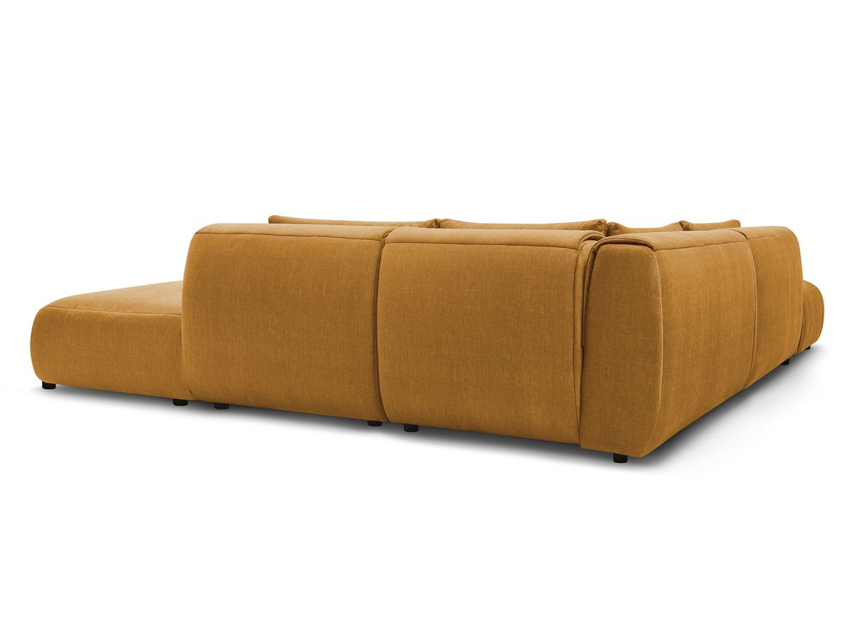 Canapé d'angle fixe modulable JEANNE tissu velours avec 2 chauffeuses, 1 angle et 2 poufs