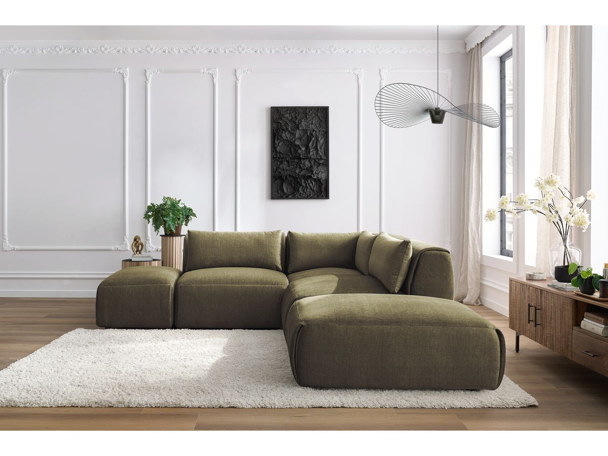 JEANNE modulaire vaste hoekbank in fluwelen stof met 2 fauteuils, 1 hoekbank en 2 poefs