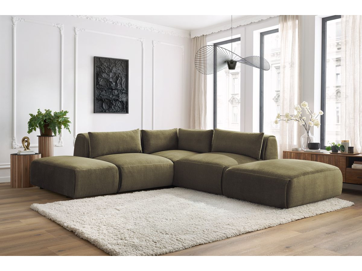 JEANNE modulaire vaste hoekbank in fluwelen stof met 2 fauteuils, 1 hoekbank en 2 poefs