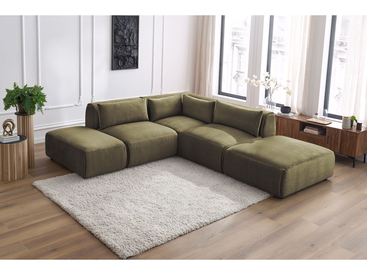 JEANNE modulaire vaste hoekbank in fluwelen stof met 2 fauteuils, 1 hoekbank en 2 poefs