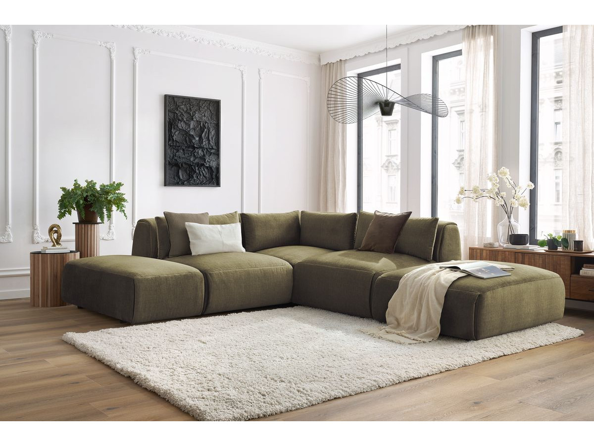 JEANNE modulaire vaste hoekbank in fluwelen stof met 2 fauteuils, 1 hoekbank en 2 poefs