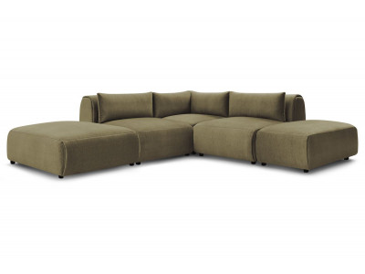 Canapé d'angle fixe modulable JEANNE tissu velours avec 2 chauffeuses, 1 angle et 2 poufs
