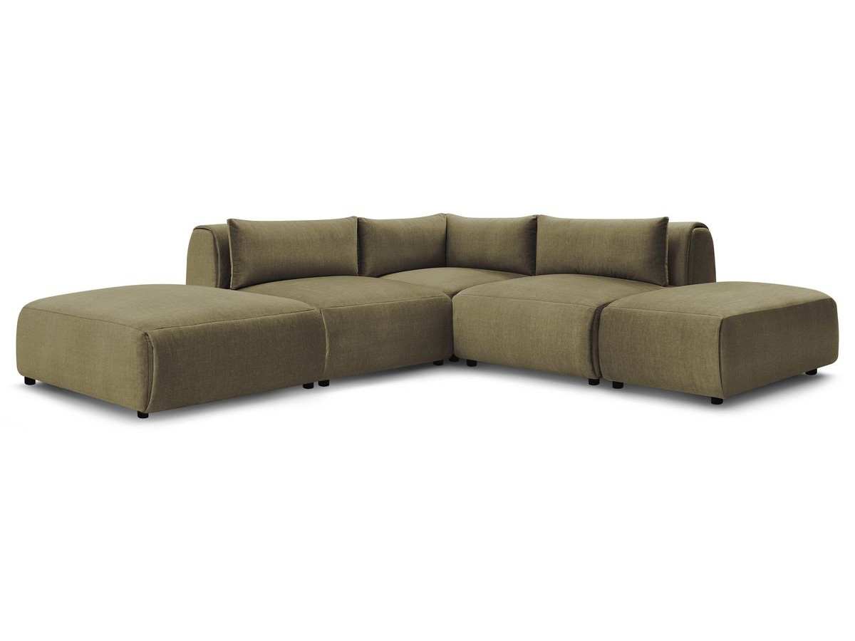 JEANNE modulaire vaste hoekbank in fluwelen stof met 2 fauteuils, 1 hoekbank en 2 poefs